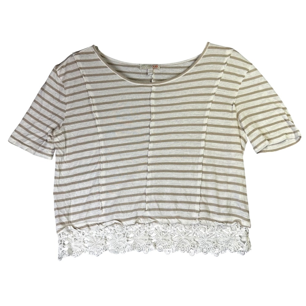 GB Striped Lace Trim Crop Top Boho Cottagecore XS Tan White Coastal Romantic